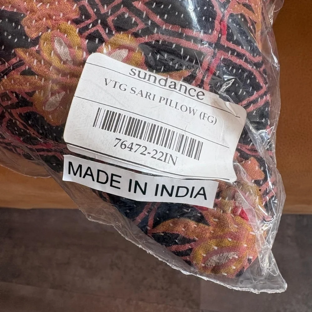 NWT Vintage One Of A Kind Sari Kantha Pillow-22in Black and Orange Floral